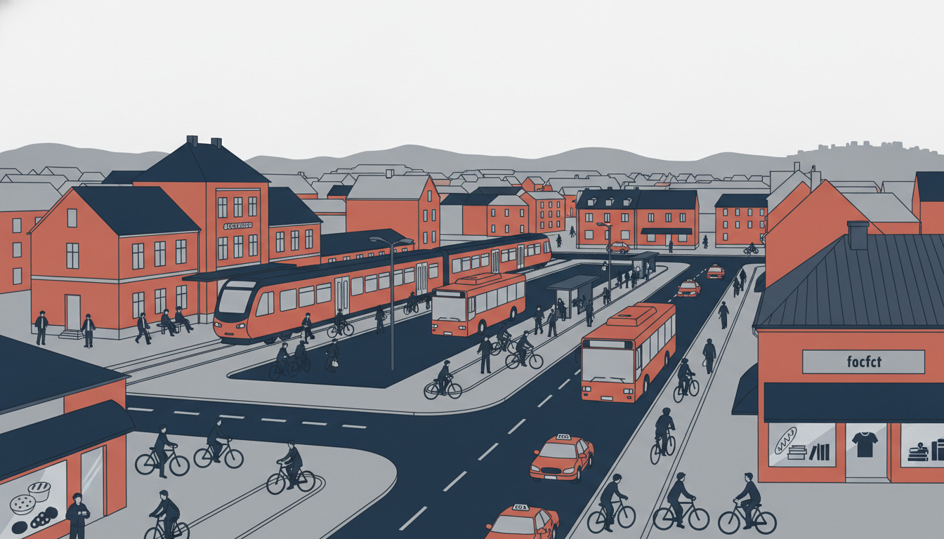 Illustration af Svendborg transportknudepunkt med jernbanestation, passagerer, integrerede busstoppesteder, taxa og cyklister på dedikerede stier blandt røde murstensbyggeri og bydelen tage.