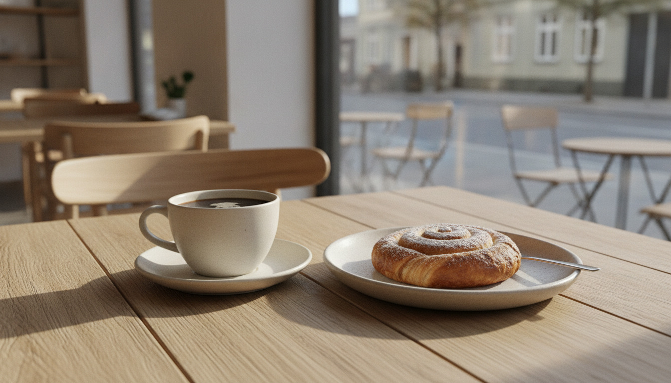 Kaffekop med kaffe og nybagte kanelsnegl på træbord i nordisk kafésetting.