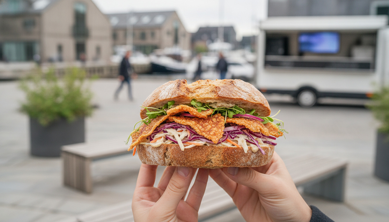 Hænder holder en lækker sandwich med sprødt svinekød, coleslaw og friske grøntsager på rugbrød.