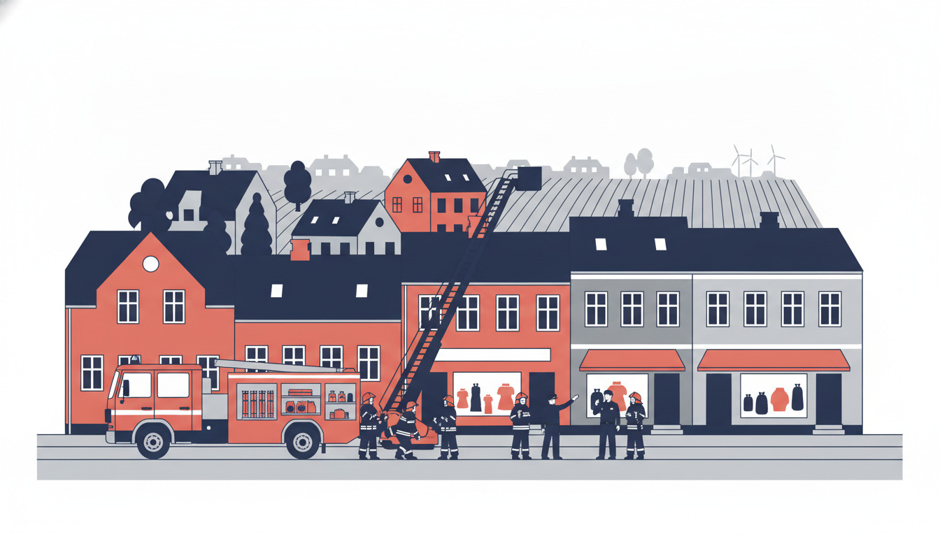 Brandmænd i uniform arbejder ved en rød brandbil med stige foran danske bygninger, politibetjente står i nærheden, der vises byens tagudsyn med karakteristiske danske skorstene og vindmøller.