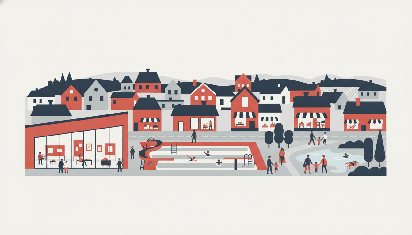 Vibrant flat-vector illustration af Spjald-fællesskab, der viser et moderne kulturhus med store udstillingsvinduer, fritidscenter med svømmepøl, røde tag på bygninger, familier, der nyder friluftsliv, og mennesker, der udforsker kulturelle rum omgivet af plantager.