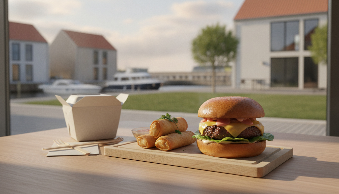Gourmet burger og vårroller på træbræt med container og træpinde på bord.