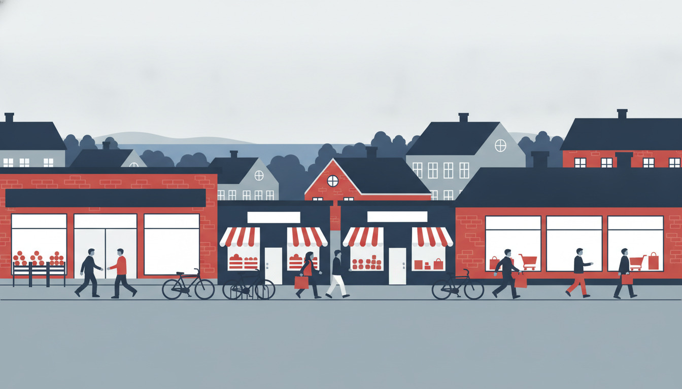 Bogenses shoppinggade med røde mursten-facader, store udstillingsruder med frugt og grøntsager, kunder og cykler, nordiske tage og træer i baggrunden.