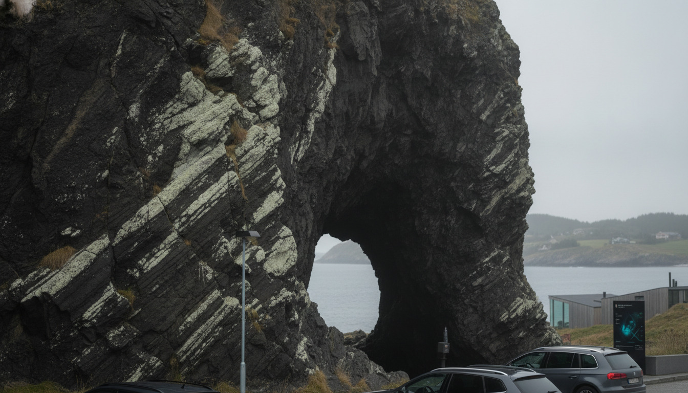 Nærbillede af mørkegrå basaltklippe med lysegrå striber, fossiler og lichen under naturligt nordisk lys.