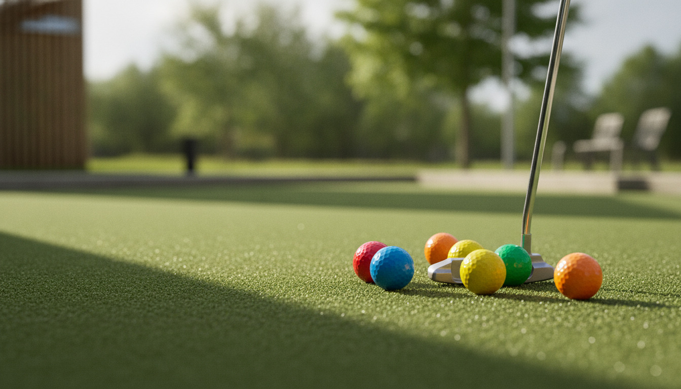 Farvede minigolfbolde og putter på grønt kunstgræs i tæt detaljefoto.