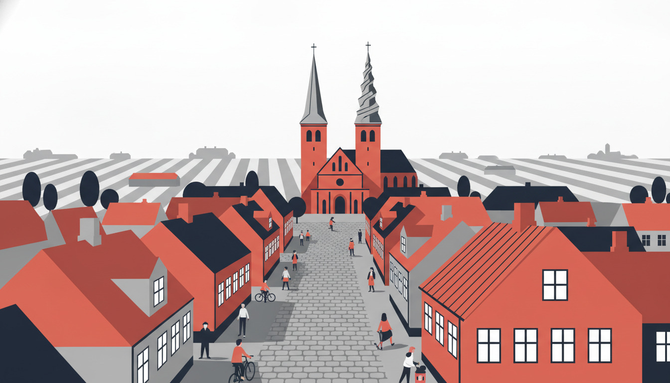 Fladt vektorillustration af Spjalds bycenter med tvillingtårnet kirke med karakteristisk spiral-spir, røde mursten-bygninger med mørke tage, brolægningsplads og fladt Vestjylland-landskab i baggrunden.