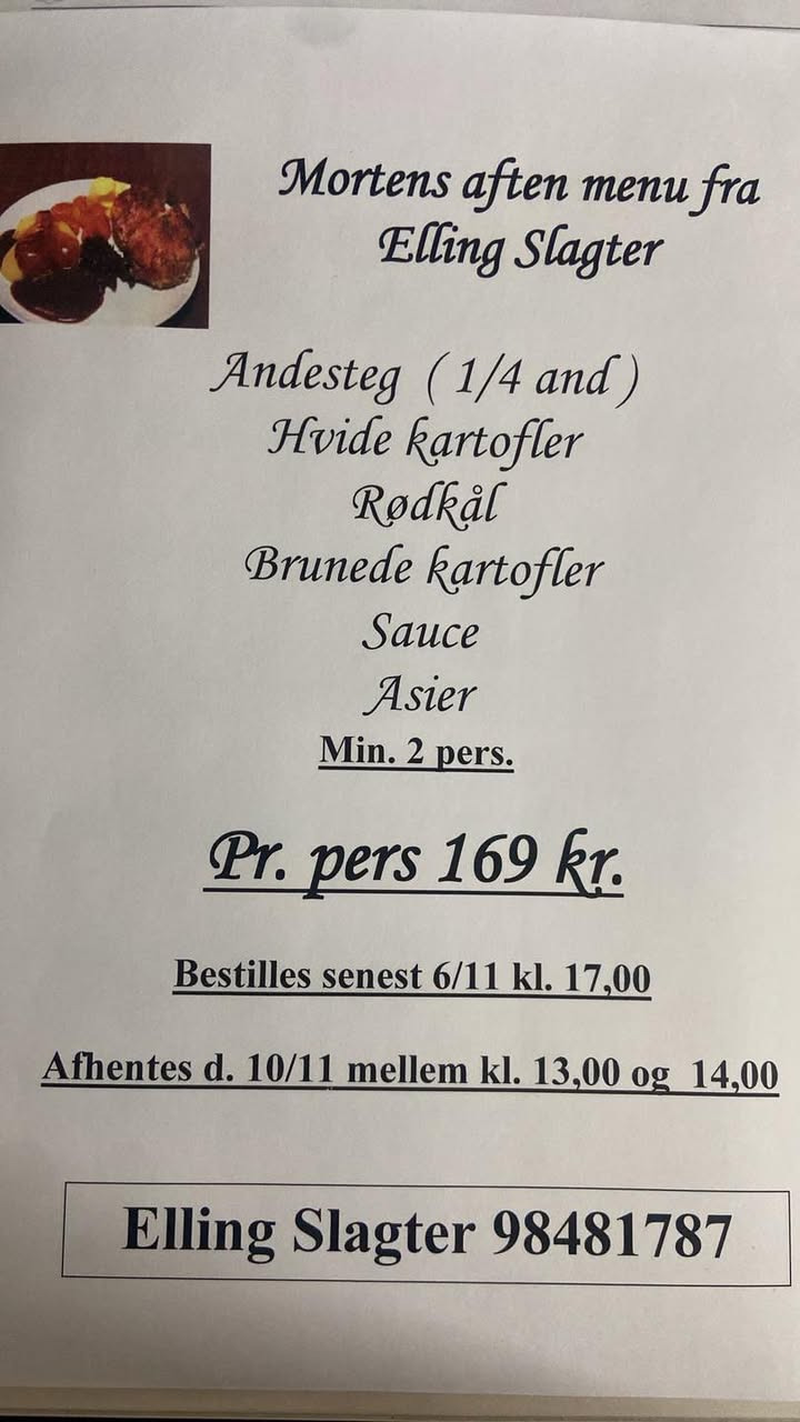Elling Slagterforretning v/Louise le Fevre Sjøberg Karlsen tilbyder Mortens aften-menu med andesteg til 169 kr
