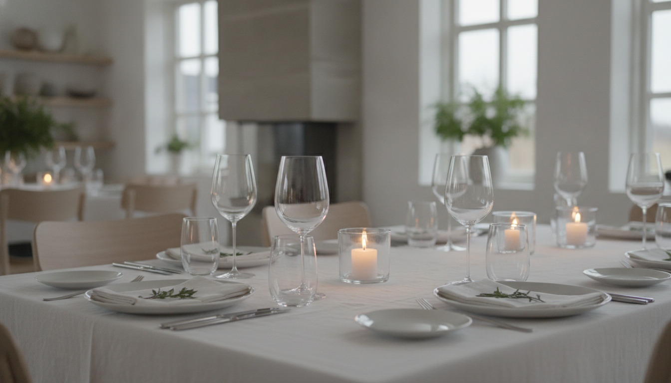 Tæt på detaljer af et elegant kuvert på hvidt dukke med vinglas, bestik og levende lys.