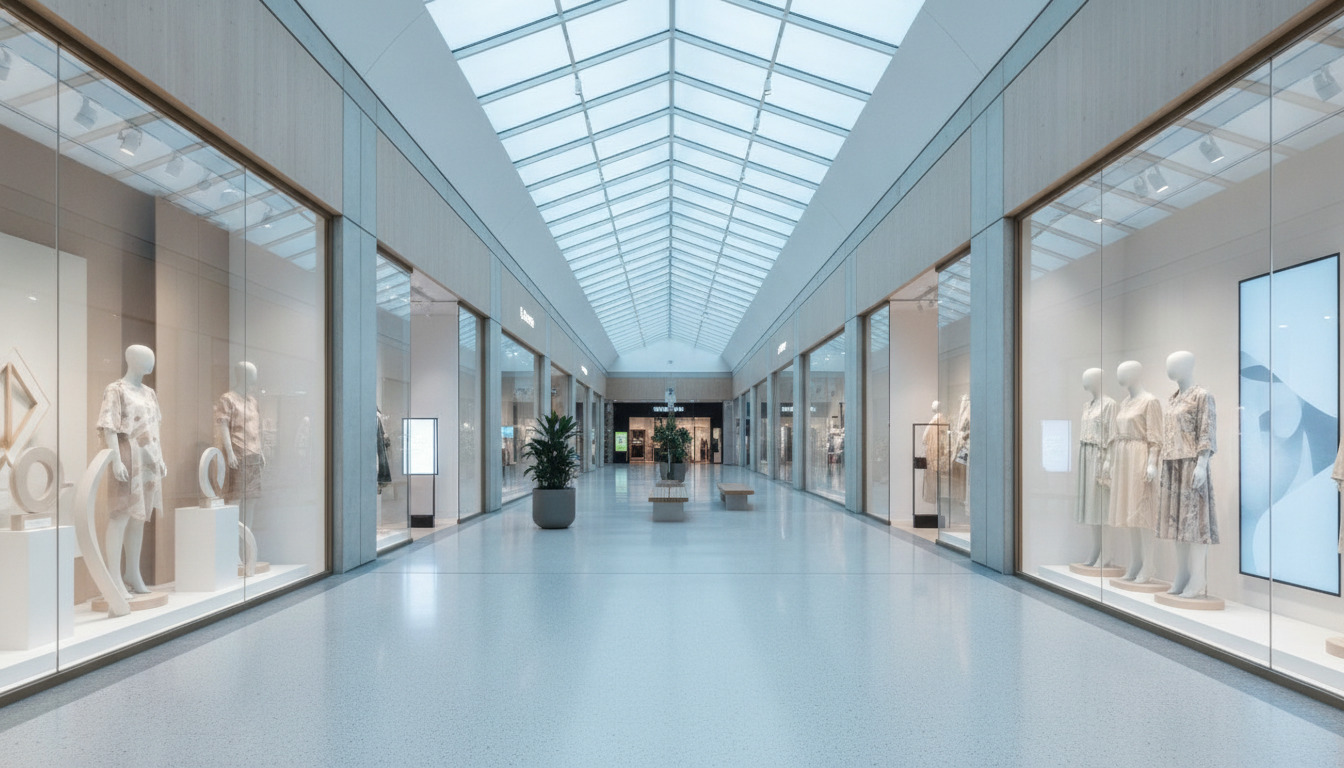 Lysende, moderne indkøbscenter-interiør med butiksvinduer, mannequiner og naturligt lys fra tagflader.