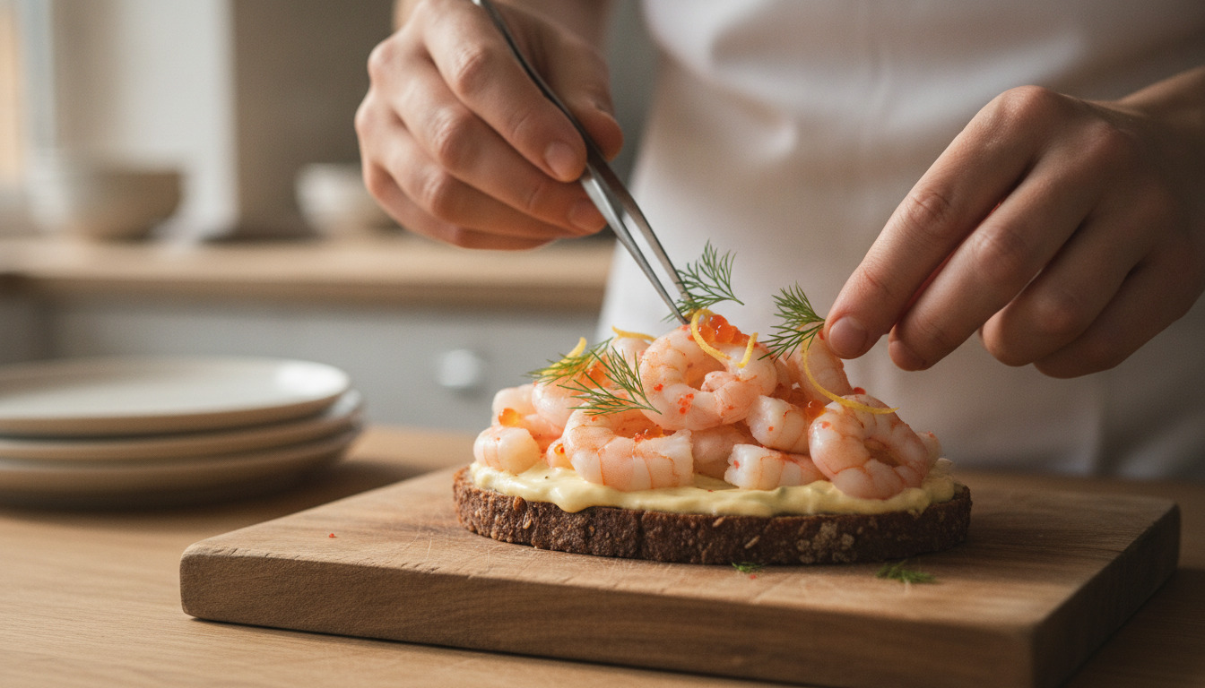 Hænder arrangerer rejer og dill på rugbrød under tilberedning af smørrebrød.