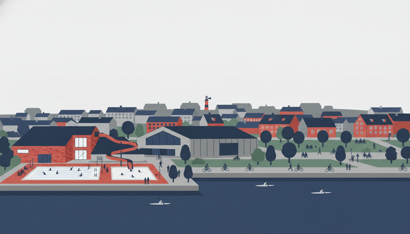 Nyborg-havnefront i fritidsmiljø med moderne rødt sportsfacilitet med bassiner og vandrutsjebane, grå idrætshal, boligbebyggelse, cyklister, kajakroere og besøgende, der nyder grønne områder langs Storebælt-strædet.