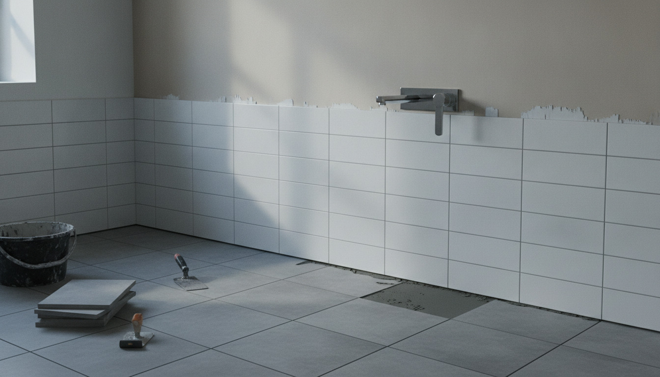 Detalje af hvidt og grå fliser på badeværelsesvæg under renovering med moderne kran.
