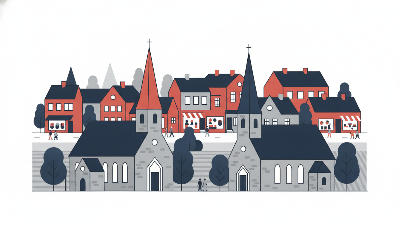 Fladt vektorillustration af to nordiske landsbykirker med traditionelle spir og stenmure i et Espergærde pastorallandskab, omgivet af træer og boligbygninger.