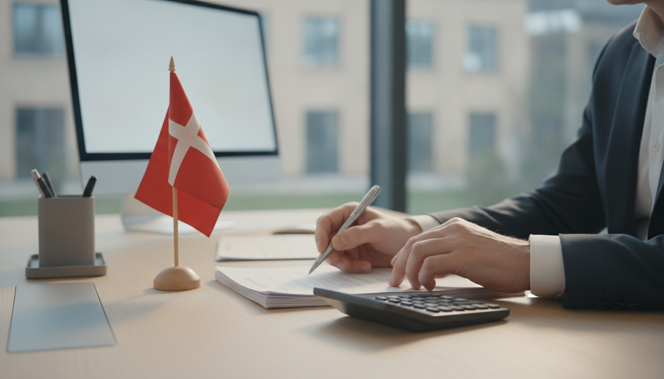 Nærbillede af bankmandens skrivebord med hånd, pen, dokumenter og lommeregner i varmt lys.