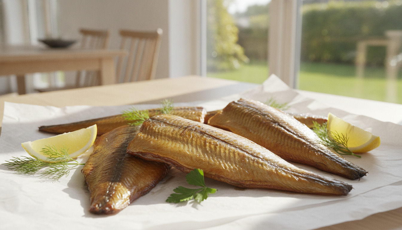 Tæt billede af gyldenbrune røget fiskefiler på hvidt papir med citronskiver og krydderurter.