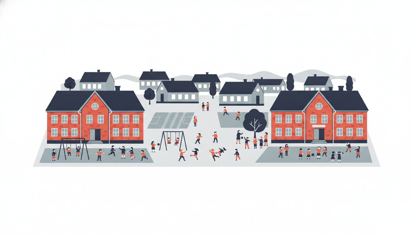 Livlig skolegårdsscene med to røde mursten folkeskolebygninger, børn der leger og samles i forgrunden, træer, gynger og åbne områder, der repræsenterer Blåvands uddannelsesmiljø.