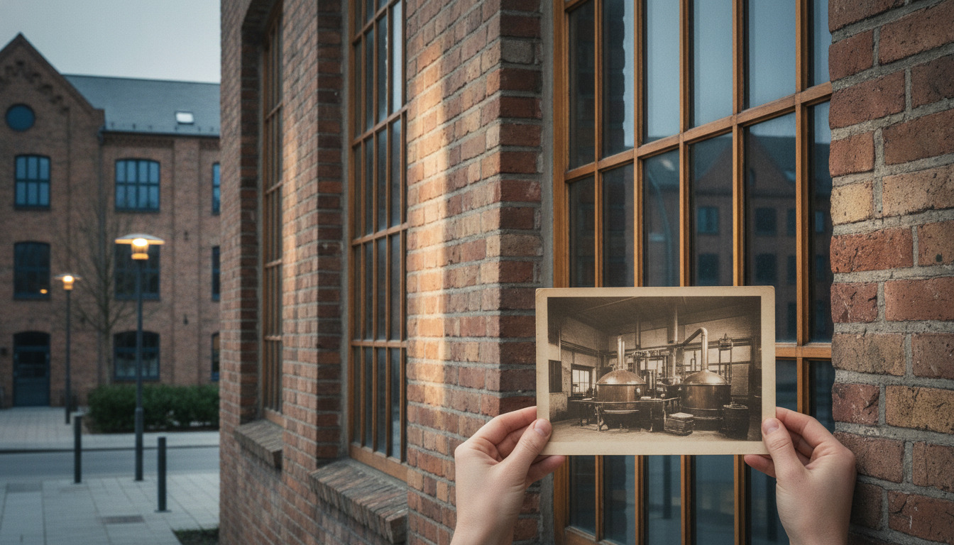 Hænder holder oldtidsfoto af fabriksudstyr mod moderne rød-sten murværk med trærammet vindue.