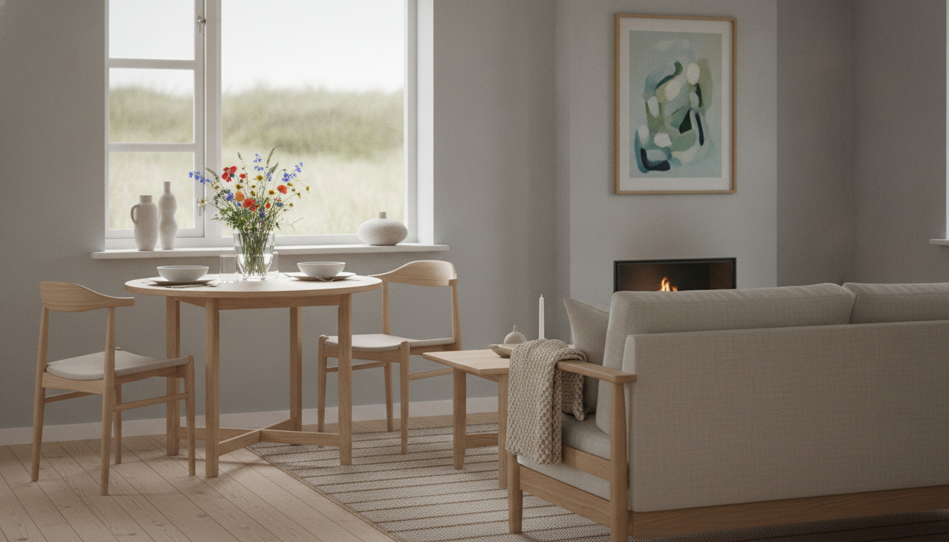 Hyggelig spisestue med træbord, farvede blomster i vase og træmøbler ved vindue med naturlys.