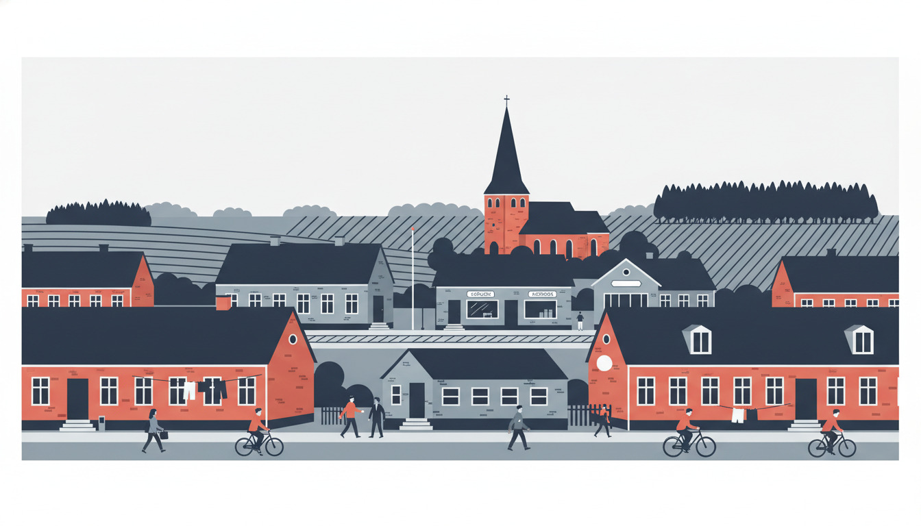 Flad vektorillustration af Rask Mølle landsby, der viser røde murstensboliger, en central skole og butikker langs en hovedgade med cyklister og fodgængere. Hvirring Kirkes karakteristiske røde murstenstårn med pyramideformet spir rejser sig i baggrunden, omgivet af skovrig landsbygn.