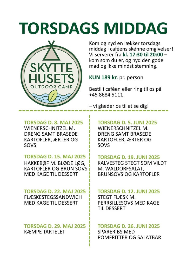 Skyttehusets Outdoor Camp inviterer til torsdagsmiddage i naturskønne omgivelser