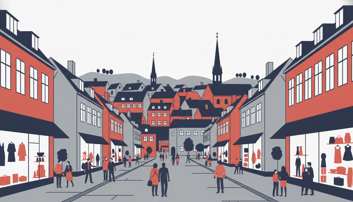 En travl gågade i Kalundborg med butiksudstillinger, mennesker der handler, og traditionelle danske hustage med kirketårne i baggrunden.