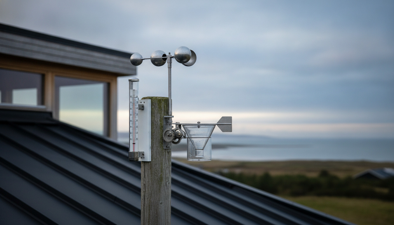 Vejrinstrumenter monteret på en stang med termometer, anemometer og regnmåler mod nordisk himmel.