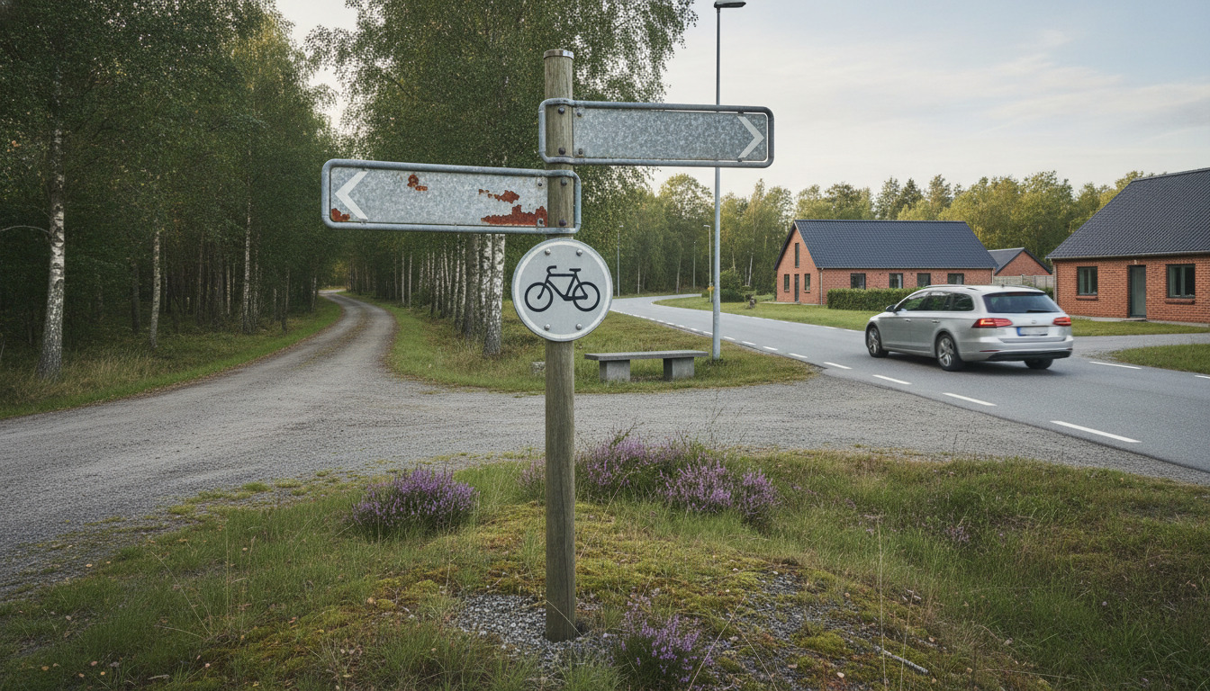 Nærbillede af slidte vejskilte og retningspile ved en dansk landevej i naturligt dagslys.