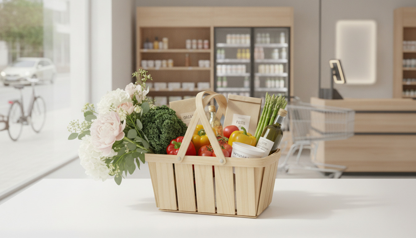 Kurvfyldt med friske grøntsager, blomster og dagligvarevarer på hvidt bord.
