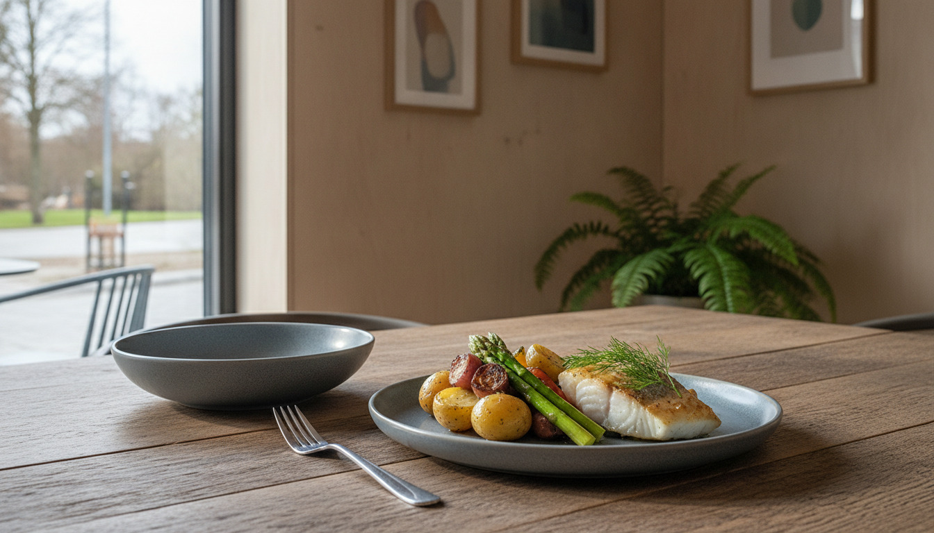 Bord dækket med nordisk keramik, tallerkenen med fisk og grøntsager, gaffel og skål.