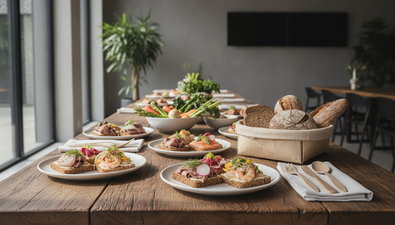 Tæt optagelse af åbne smørrebrød på hvide tallerkener med rugbrød, grøntsager og bestik på træbord.