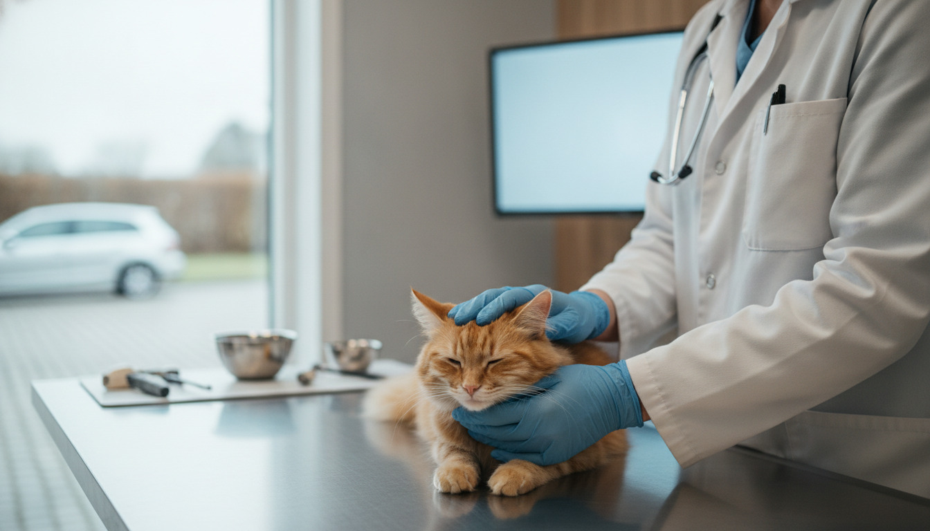 Dyrlæges hænder i blå handsker undersøger en rød kat på behandlingsbord på veterinærklinik.