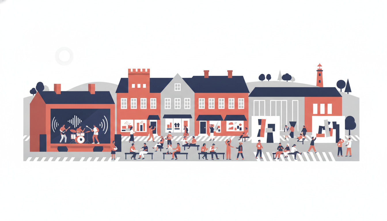 Levende sommerscene fra Frederikshavns kulturel plads med festivalgæster, udendørs musikscene, forskellige historiske bygninger og fyrtårn i baggrunden - fejrer byens kulturelle tilbud.