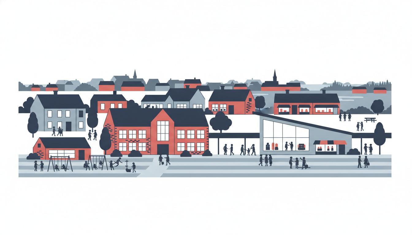 Flad vektor-illustration af Sønderborgs skolelandskab: røde murstens- og gråbygninger med mørke tage, legepladser, børn på gynger, børn i forskellige aldersgrupper i udendørs læringsrum, moderne faciliteter og byudblik med kirketårne.