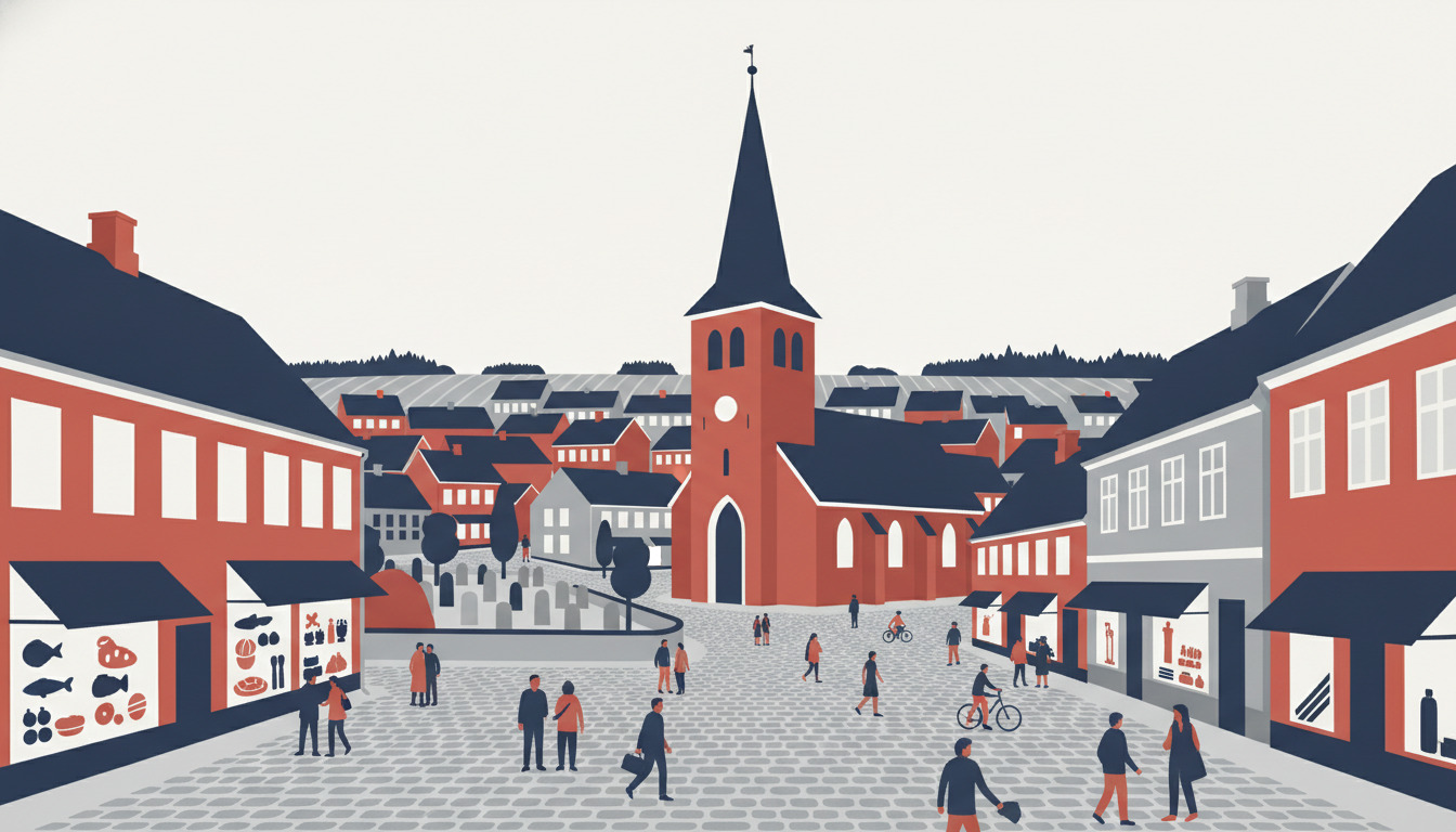 En stiliseret dansk by med en rød kirke med høj spir i centrum af pladsen, omgivet af karakteristiske bygninger med tilspidsede tage og mennesker på pladsen.