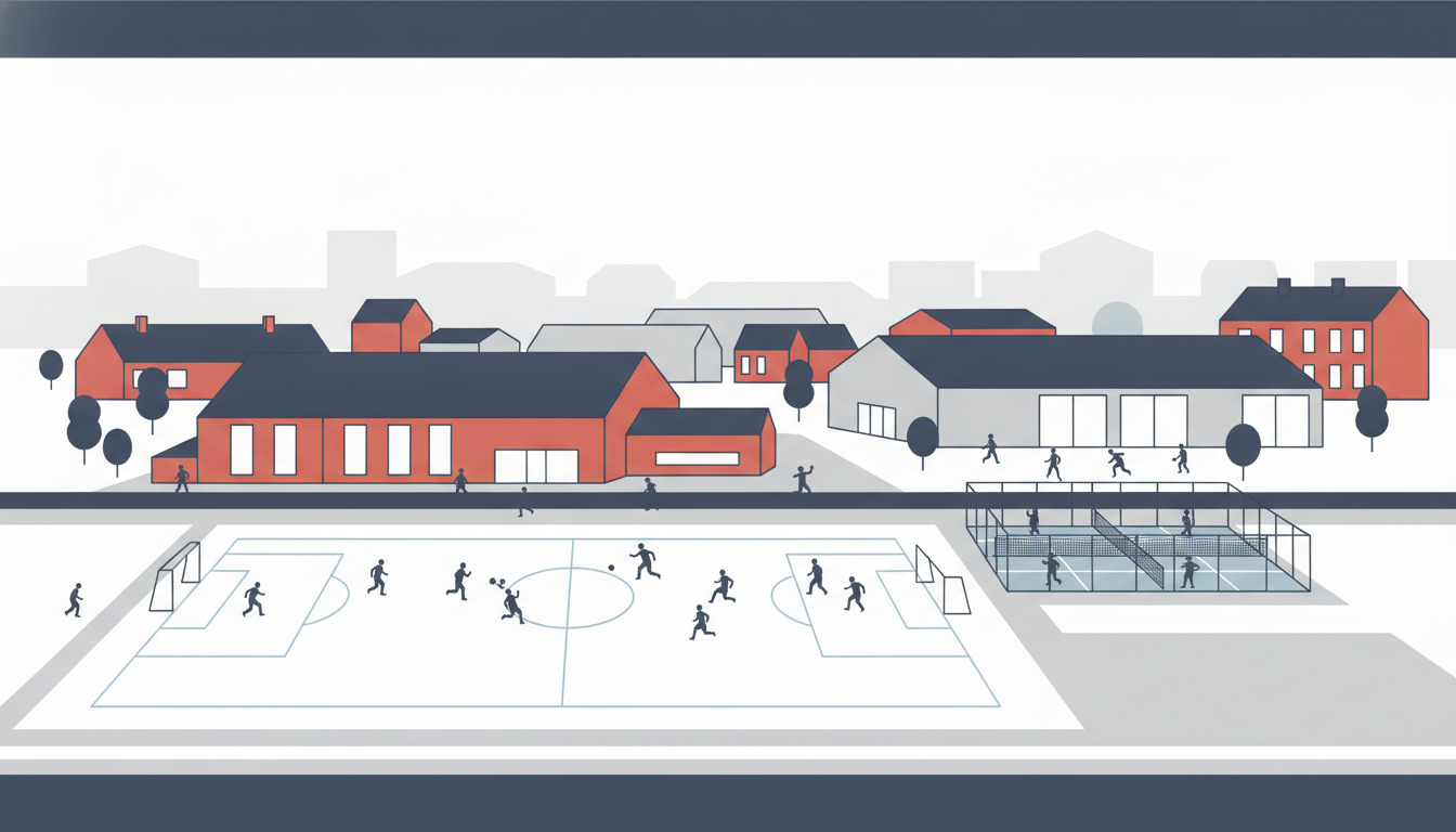 Vibrant Næstved sportscenter med en fodboldplan med målstænger, padel-tennisbaner med netafdelere, svømmehal og bowlingbaner, hvor forskellige atleter deltager i rekreativ aktivitet.