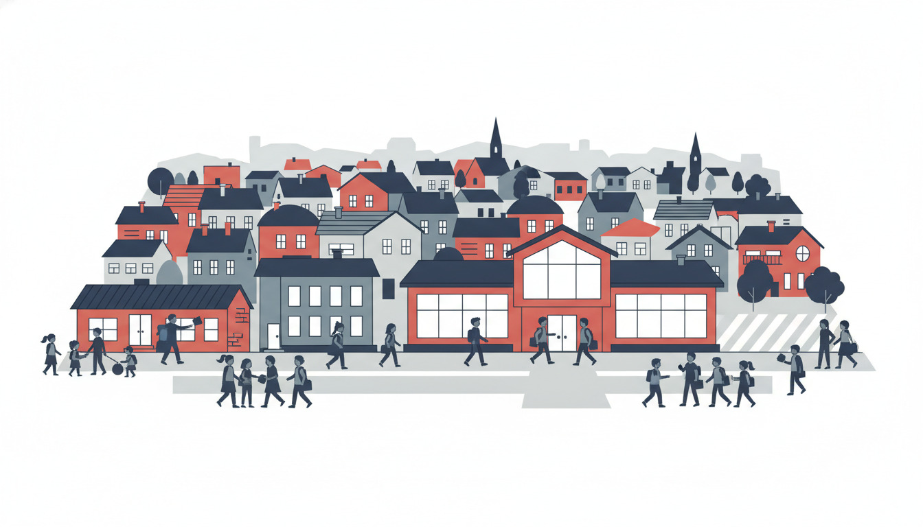 Flad vektor-illustration af en skandinavisk byscene med børn i forskellige aldre, der går over en gade, en stor moderne skolebygning med fremtrædende vinduer, daginstitutioner, boligbygninger med røde og grå tage, kirketårne og træer – som repræsenterer Brøndersley's uddannelseslandskab.