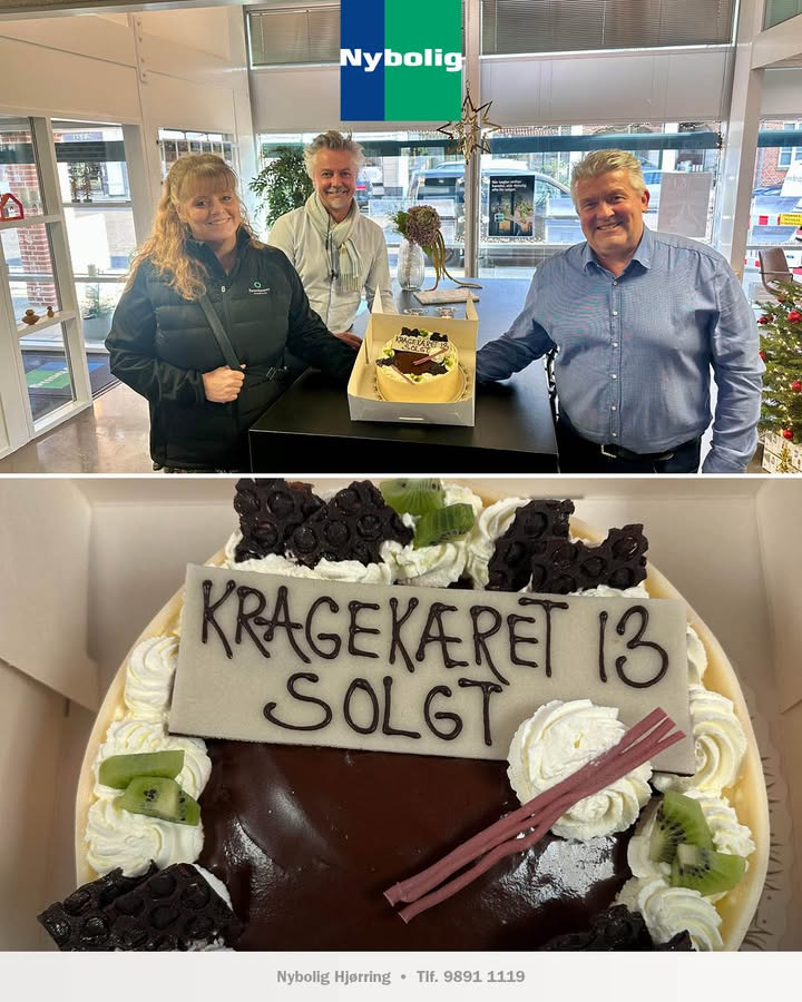 Nybolig Hjørring fejrer hurtigt salg af sommerhus i Hirtshals med kage fra tilfreds sælger
