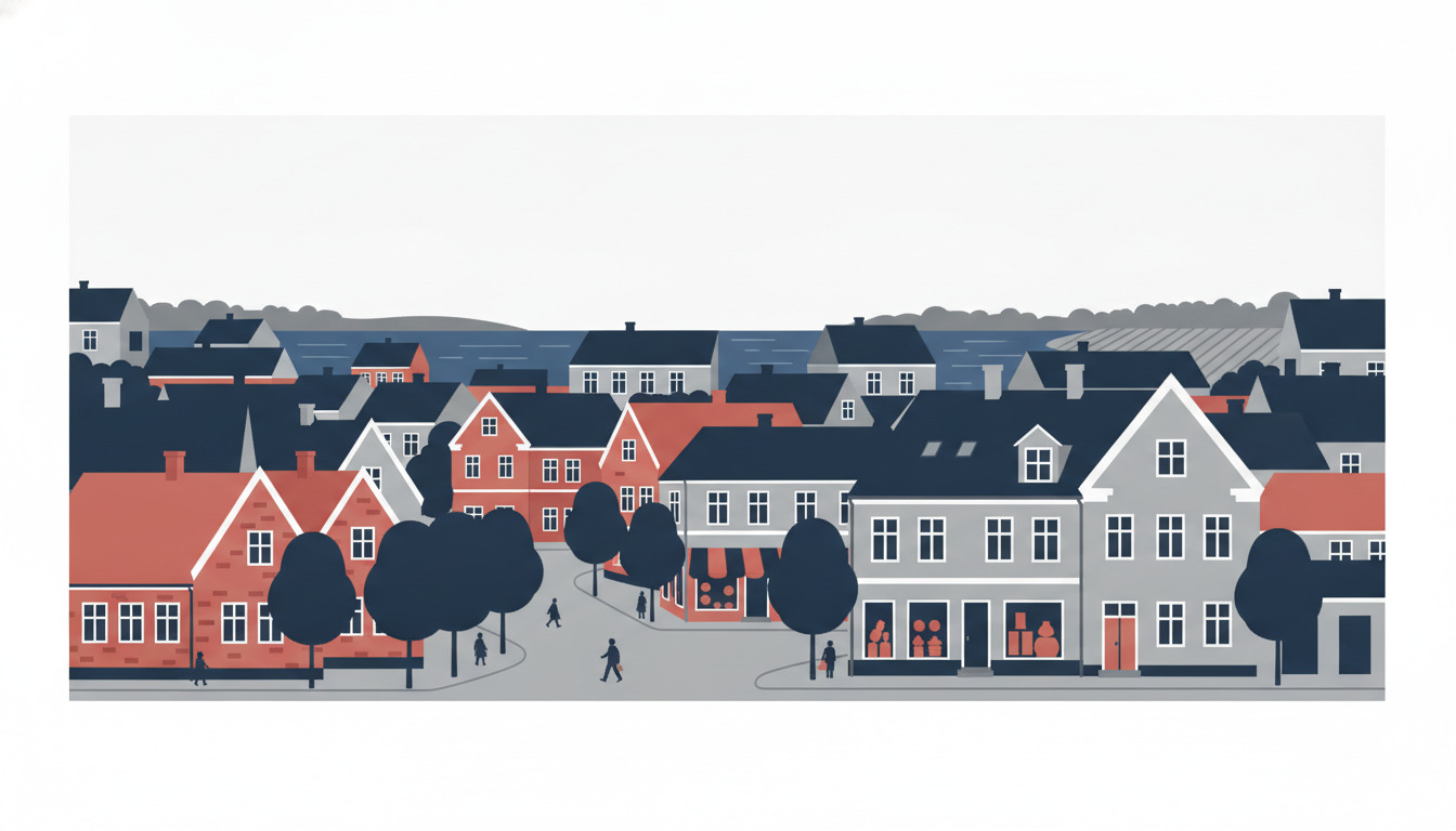 Flad vektorillustration af en dansk boliggade med farvefulde villaer, spidstage, mørke træer og menneskefigurer. Traditionel nordisk arkitektur med kig til vandkanten i baggrunden.