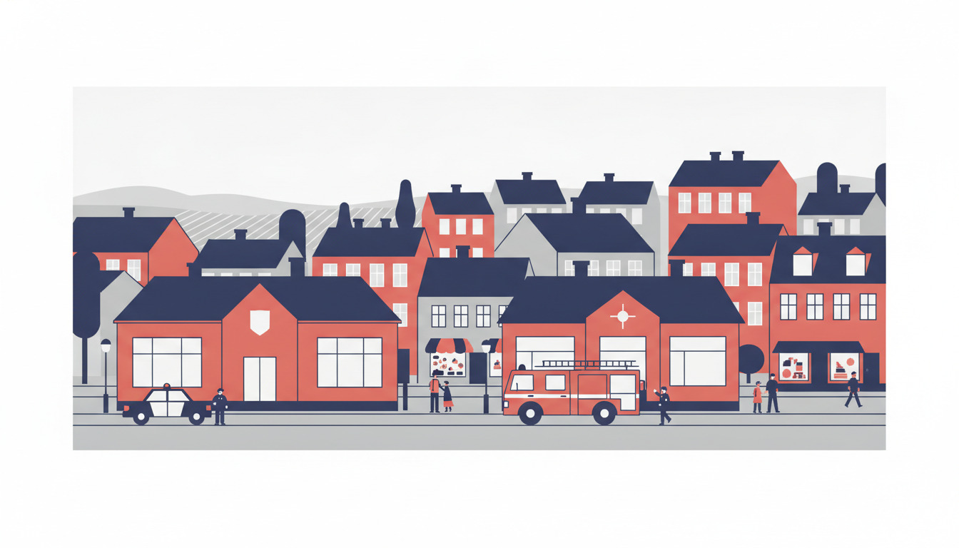 Fladt vektorillustration af en gade i Skælskør by med en rødt-mursten politistation og brandstation, politibil og brandbil parkeret udenfor, boligbygninger i baggrunden og figurer på gaden.