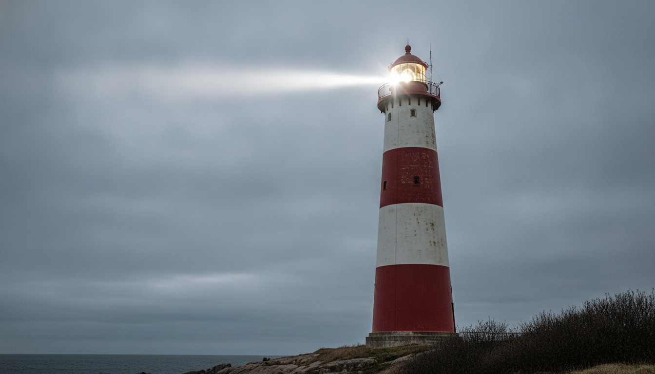 Rødt og hvidt stribet fyrtårn mod gråt nordisk himmel med aktivt lys.