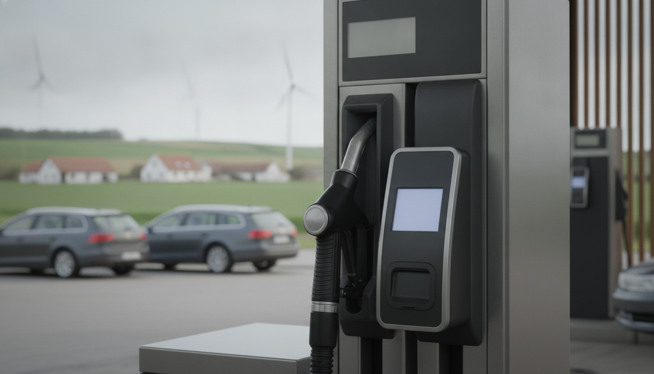 Nærbillede af moderne benzinpumpe-tud med betalingsterminal og digital display i nordisk lys.