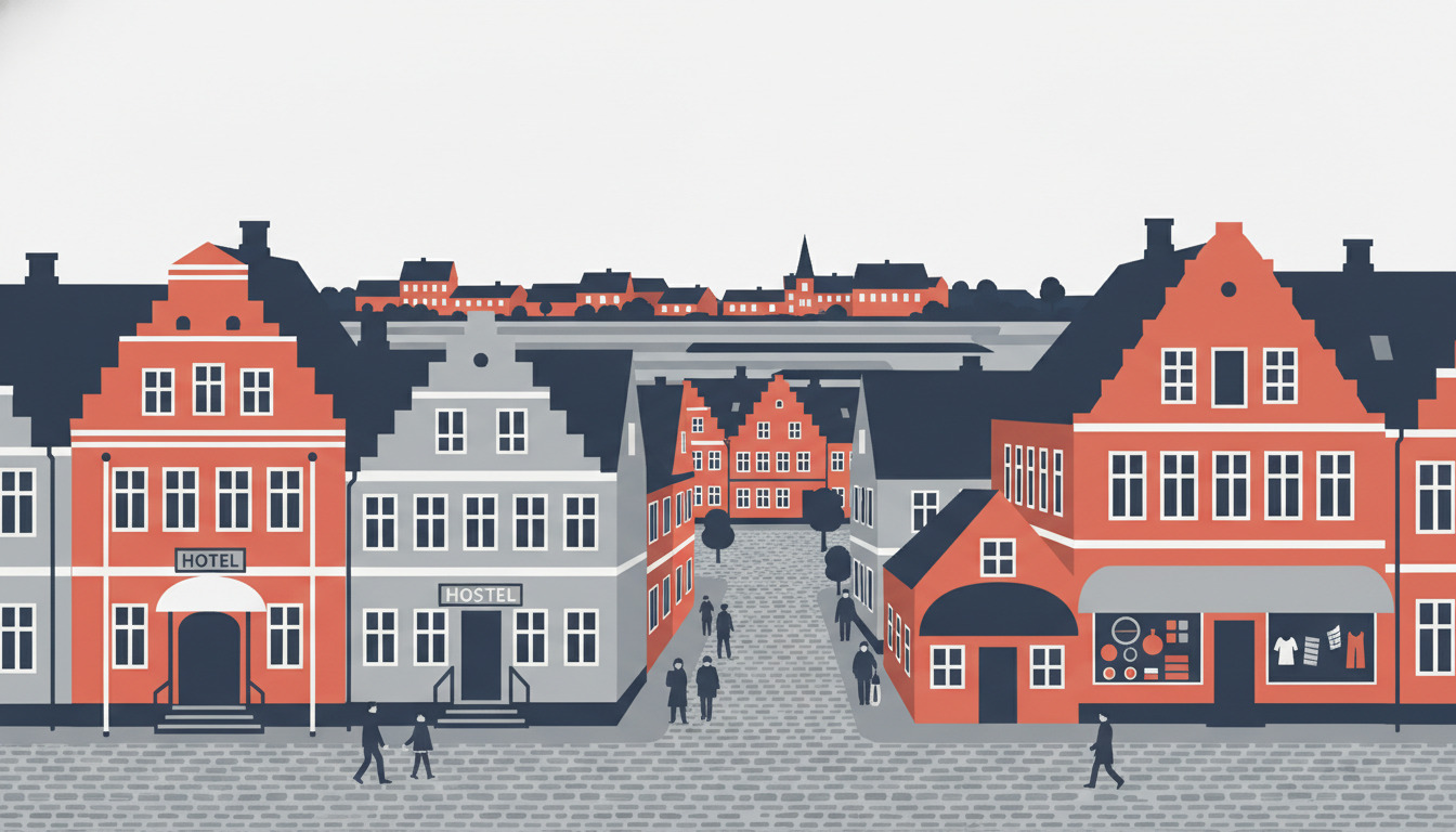 Tønders historiske byplads med karakteristiske rødt-mursten gavlhuse, trappede taglinjer og høje vinduer. Stueetage-hotel, vandrehjem og butikker ligger langs gaden med mennesker, der spadserer over det brolagte torv.