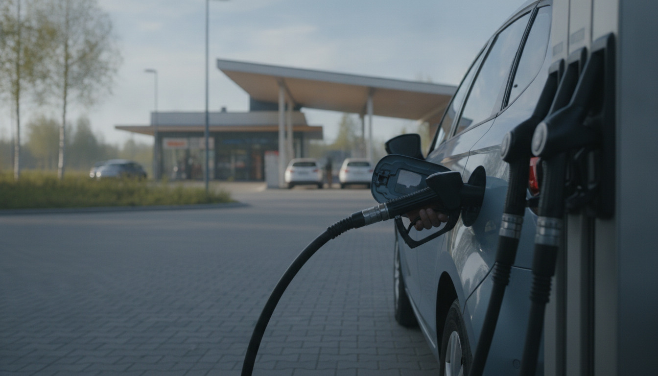 Detaljeret nærbillede af brændstofpumpe ved tankåbning på en parkeret bil ved en benzinstation om morgenen.