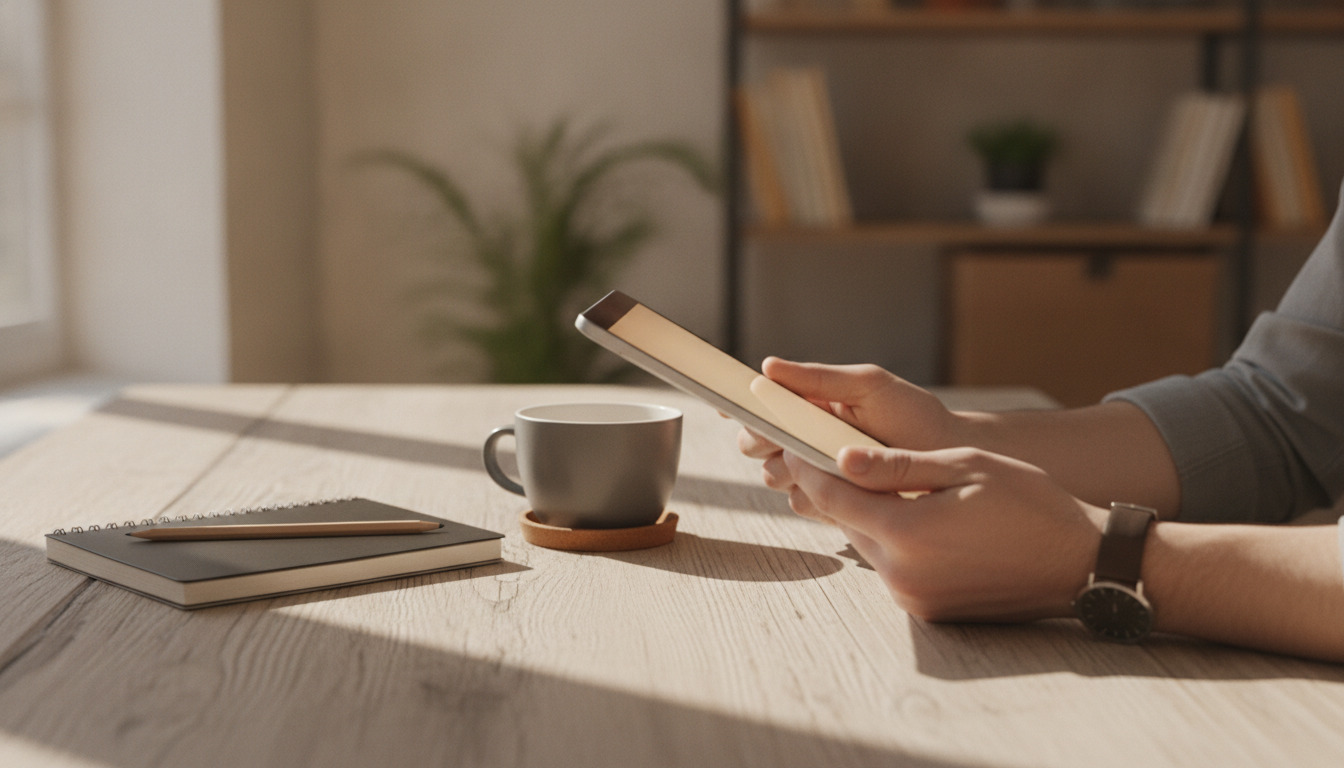Hænder holder tablet ved skrivebord med kaffekop, notesbog og blyant i naturligt lys.