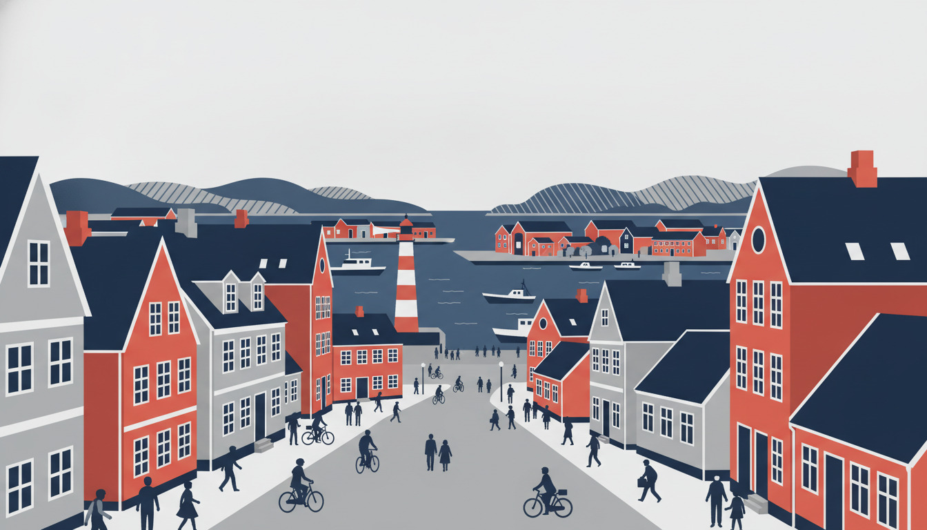 Illustration af havnebyen Lemvig: farvefulde røde og grå bygninger omkranser et levende centralt torv med fodgængere og cyklister, havn med både i baggrunden og bakket terræn under blegt himmel.