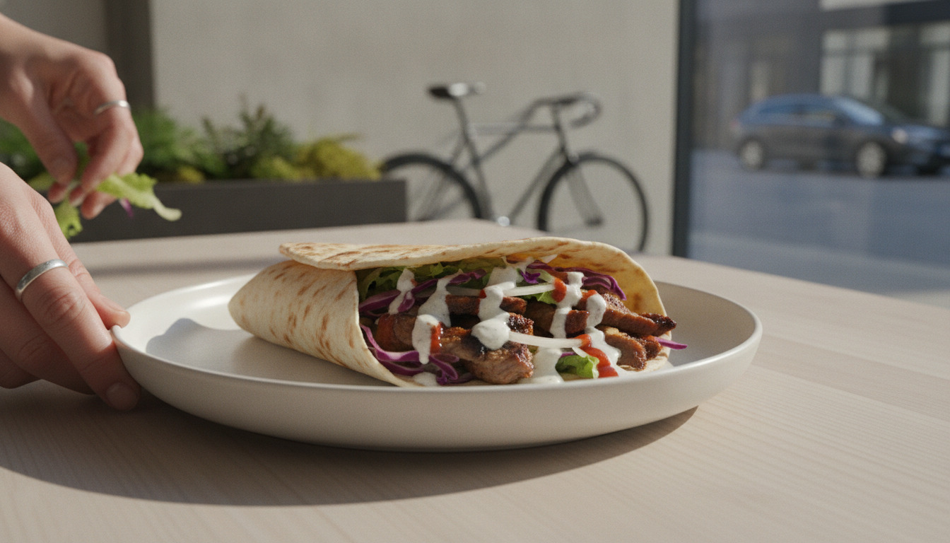 Hånd holder en frisklavet kebab wrap med kød, grønsager og hvid sauce på hvid tallerken.