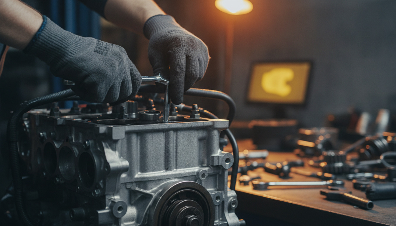 Tæt billede af mekanikerhænder i arbejdshandsker, der justerer en motorkomponent under varmt industrielt lys.