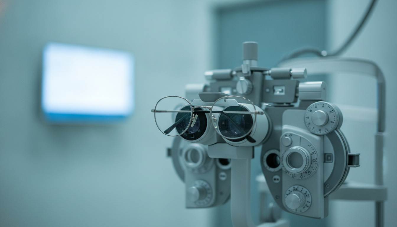 Tæt optagelse af optometrist-udstyr: briller på en synsprøvemaskine med professionel belysning.