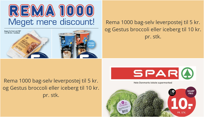 Rema 1000 bag-selv leverpostej til 5 kr. og Gestus broccoli eller iceberg til 10 kr. pr. stk.