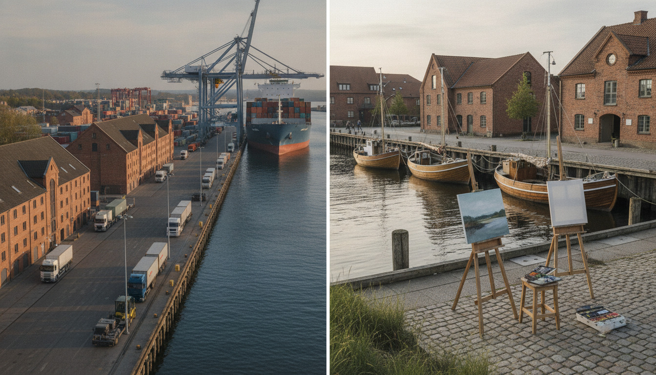 Opdelt scene: industrihavn med containere og arbejdskraner; mindre fiskerhavn med både og kunstnerekslerne ved kaj.